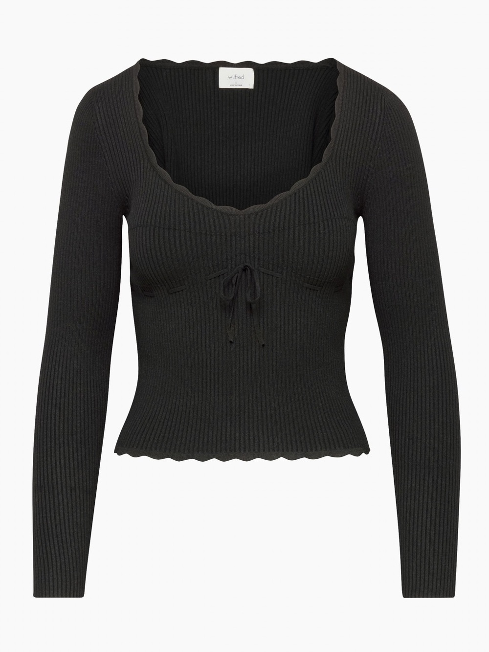 NWT Wilfred Black Ribbed Scoop-Neck Tie-Front Long Sleeve Top